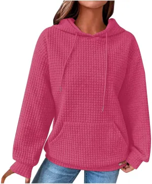 Womens Hoodies Fashion Solid Color Tops Long Sleeve Casual Loose Fitted Sweatshirt Pocket Drawstring Pullover