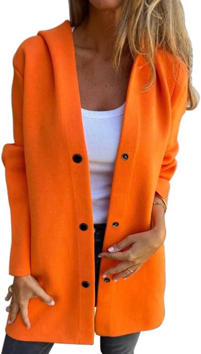 Womens Jackets Casual Single Breasted Hooded Jacket Lapel Neck Long Sleeve Solid Color Trench Coat for Women 2024