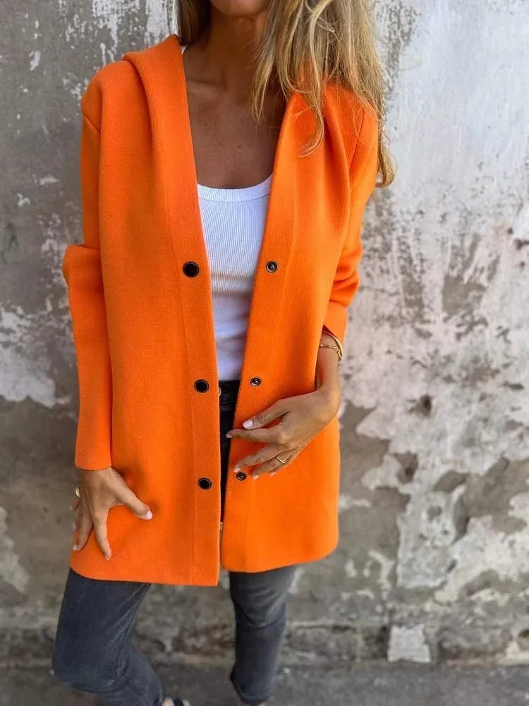 Womens Jackets Casual Single Breasted Hooded Jacket Lapel Neck Long Sleeve Solid Color Trench Coat for Women 2024