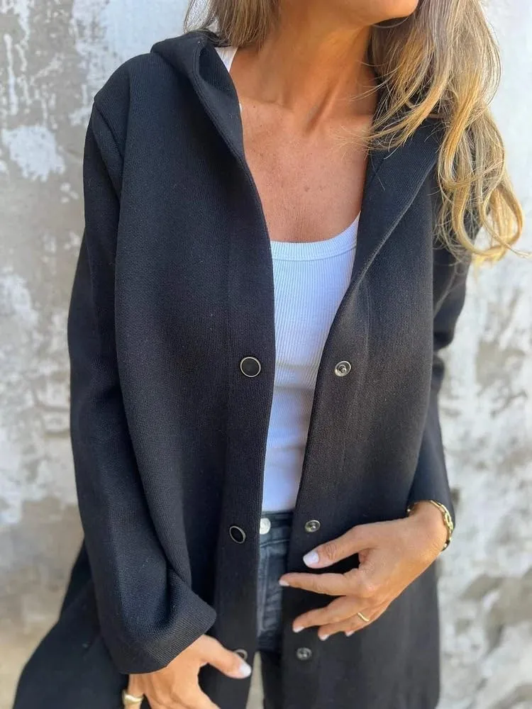 Womens Jackets Casual Single Breasted Hooded Jacket Lapel Neck Long Sleeve Solid Color Trench Coat for Women 2024