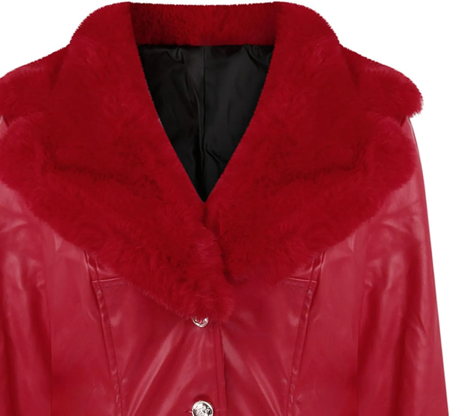 Womens Leather Jacket with Faux Fur Collar Leather Long Jacket Winter Fashion Trench Coat Fleece Lined Coats with Pocket