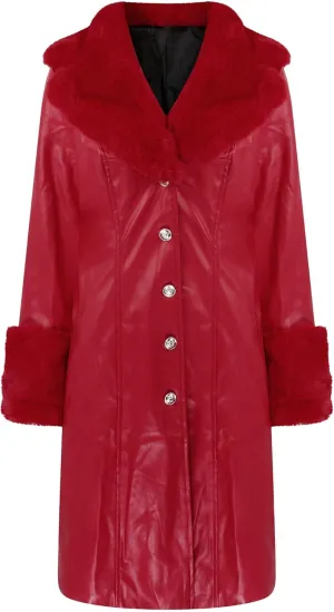 Womens Leather Jacket with Faux Fur Collar Leather Long Jacket Winter Fashion Trench Coat Fleece Lined Coats with Pocket