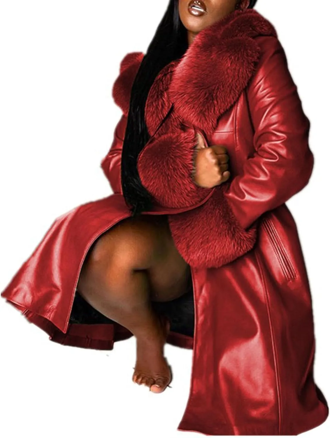 Womens Leather Jacket with Faux Fur Collar Leather Long Jacket Winter Fashion Trench Coat Fleece Lined Coats with Pocket