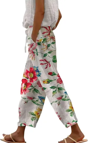 Womens Leggings and Summer Casual Drawstring Pants Casual Slacks Business Pants with Pockets Linen Pants for Women