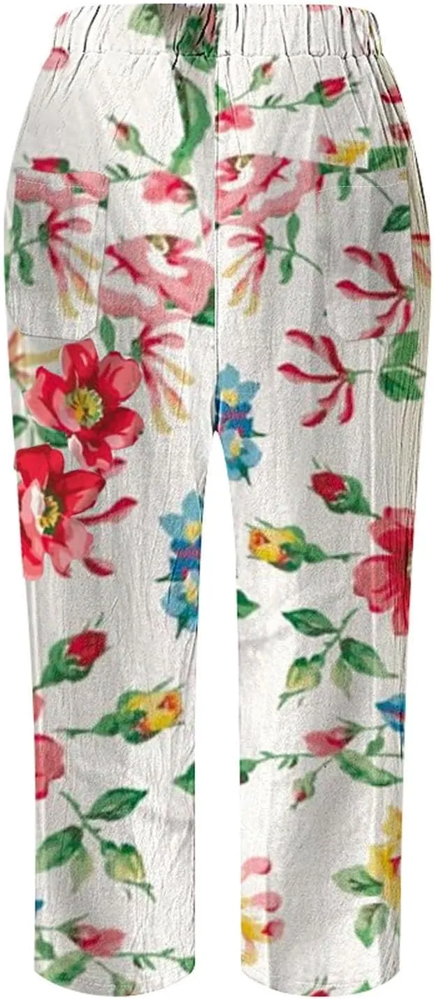 Womens Leggings and Summer Casual Drawstring Pants Casual Slacks Business Pants with Pockets Linen Pants for Women