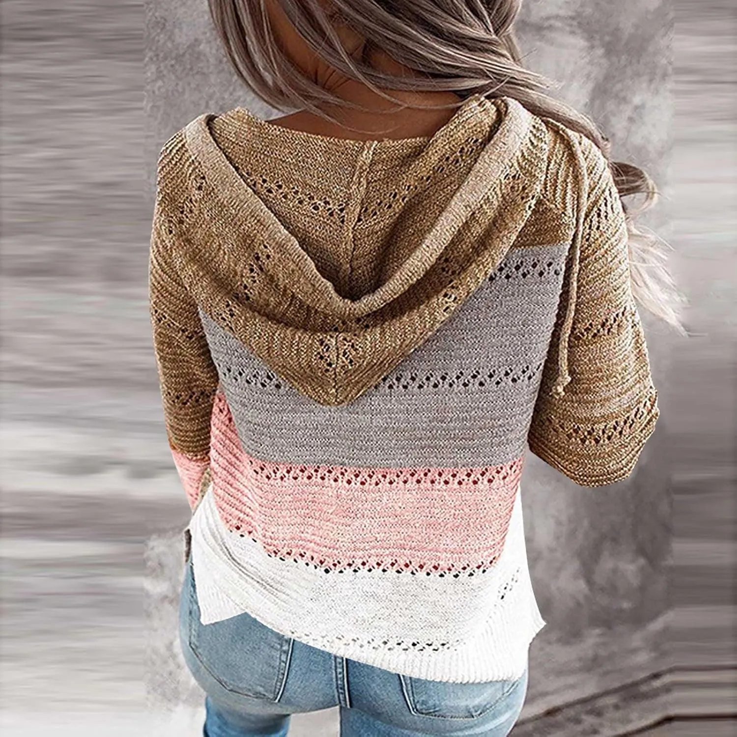 Women's Long Sleeve Knit Sweater Color Block Zip Up Hoodie Drawstring Oversized Sweatshirt Y2k Jacket for Women