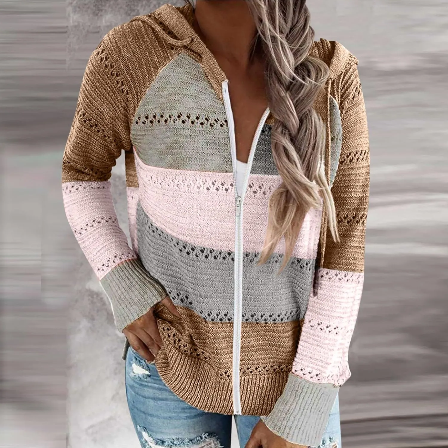 Women's Long Sleeve Knit Sweater Color Block Zip Up Hoodie Drawstring Oversized Sweatshirt Y2k Jacket for Women