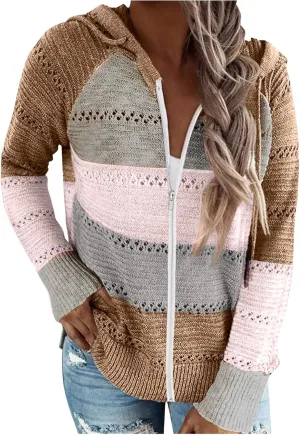 Women's Long Sleeve Knit Sweater Color Block Zip Up Hoodie Drawstring Oversized Sweatshirt Y2k Jacket for Women