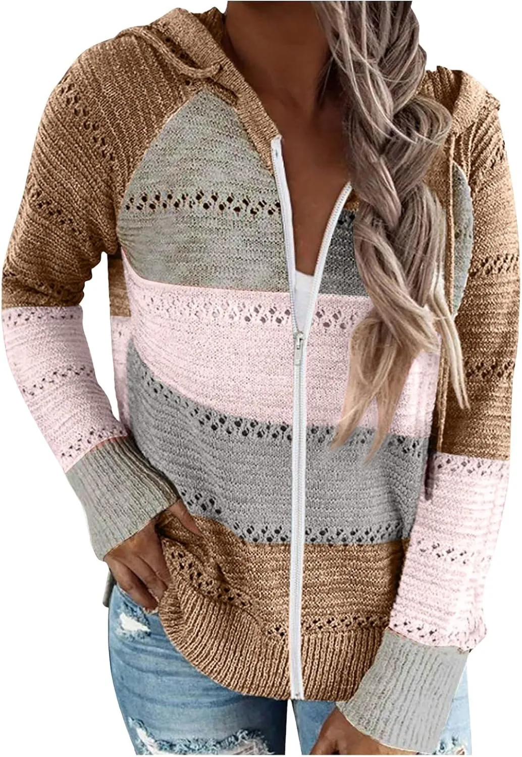 Women's Long Sleeve Knit Sweater Color Block Zip Up Hoodie Drawstring Oversized Sweatshirt Y2k Jacket for Women