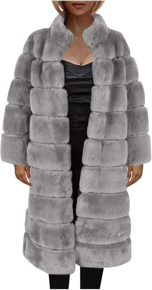 Womens Luxury Faux Fur Coats Winter Long Cardigan Vintage Fuzzy Warm Jacket Oversized Soft Solid Open Front Overcoat