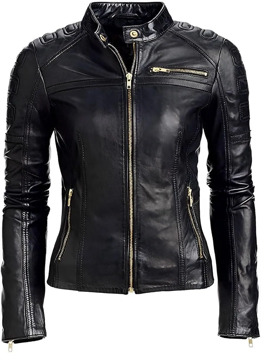 Women's Motorcycle Genuine Leather Jacket - Lambskin Leather Jacket Woman - Real Leather Jackets for Women