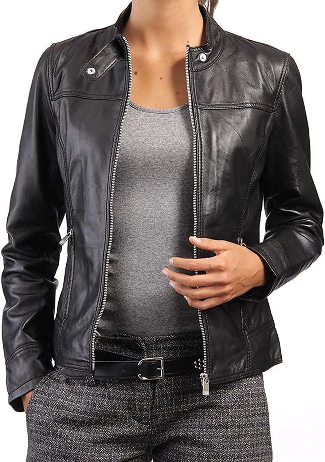 Women's Motorcycle Genuine Leather Jacket - Lambskin Leather Jacket Woman - Real Leather Jackets for Women