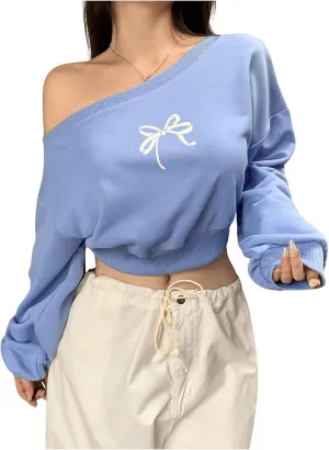 Women's Off The Shoulder Sweatshirts Bow Long Sleeve Pullover Tops Cropped Sweatshirt Fall Tops