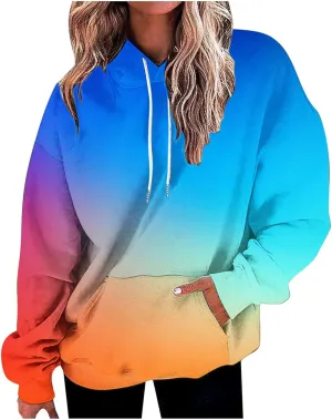 Womens Oversized Hoodies Neon Print Sweatshirt Fall Thin Long Sleeve Gradient Pullover Trendy Tie Dye Ombre Sweater