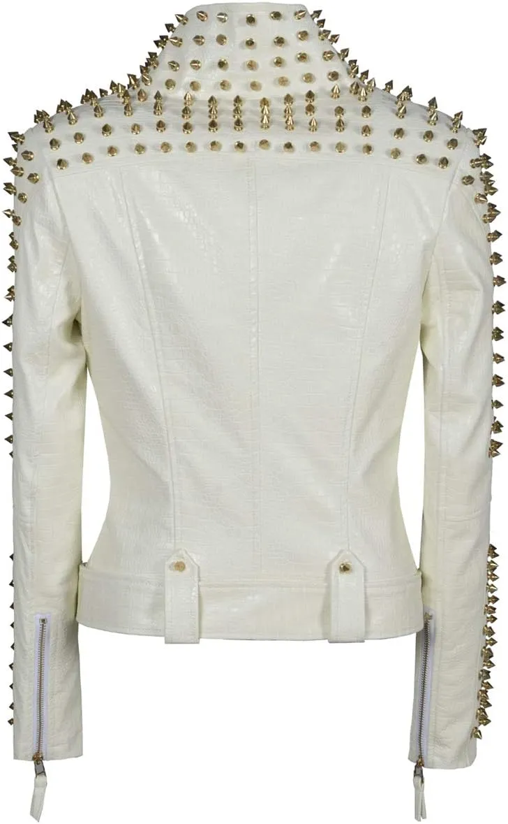 Women's Personality Punk Rock Rivets Motorcycle Leather Jacket Studded Perfectly Shaping Short Motobiker Coats