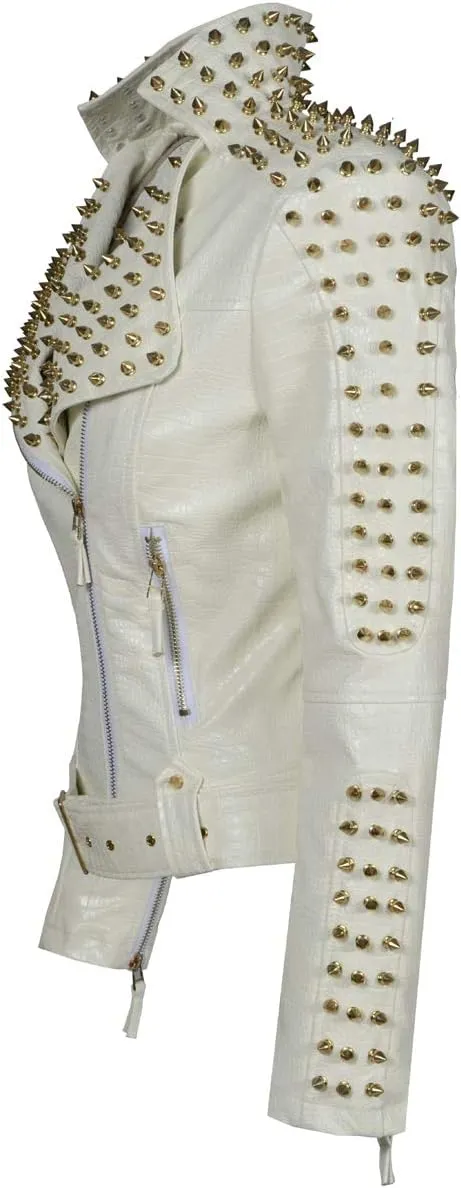 Women's Personality Punk Rock Rivets Motorcycle Leather Jacket Studded Perfectly Shaping Short Motobiker Coats
