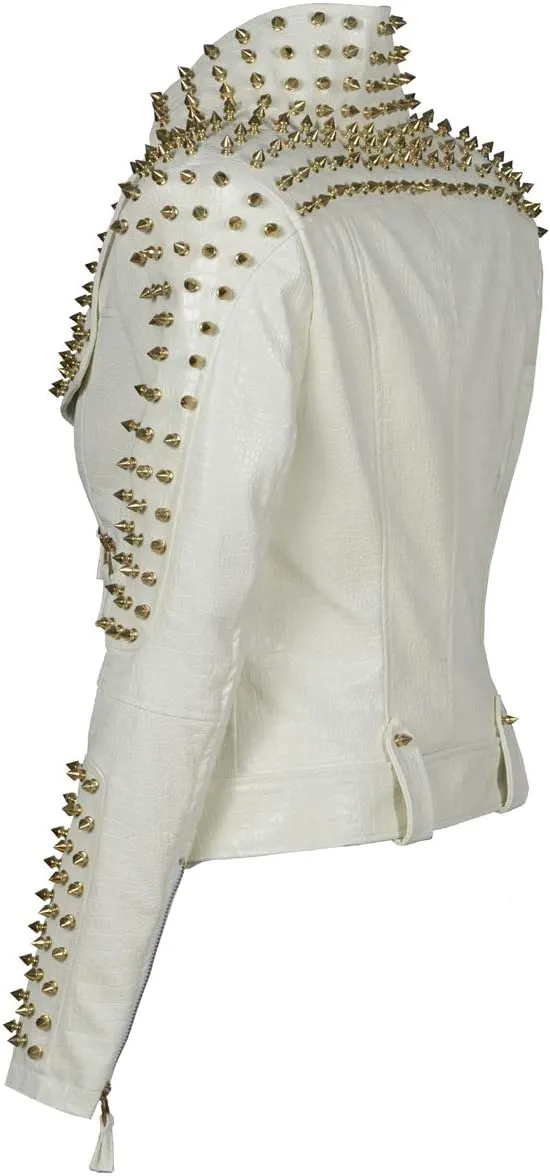 Women's Personality Punk Rock Rivets Motorcycle Leather Jacket Studded Perfectly Shaping Short Motobiker Coats