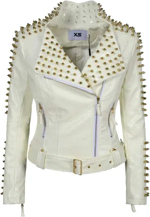 Women's Personality Punk Rock Rivets Motorcycle Leather Jacket Studded Perfectly Shaping Short Motobiker Coats