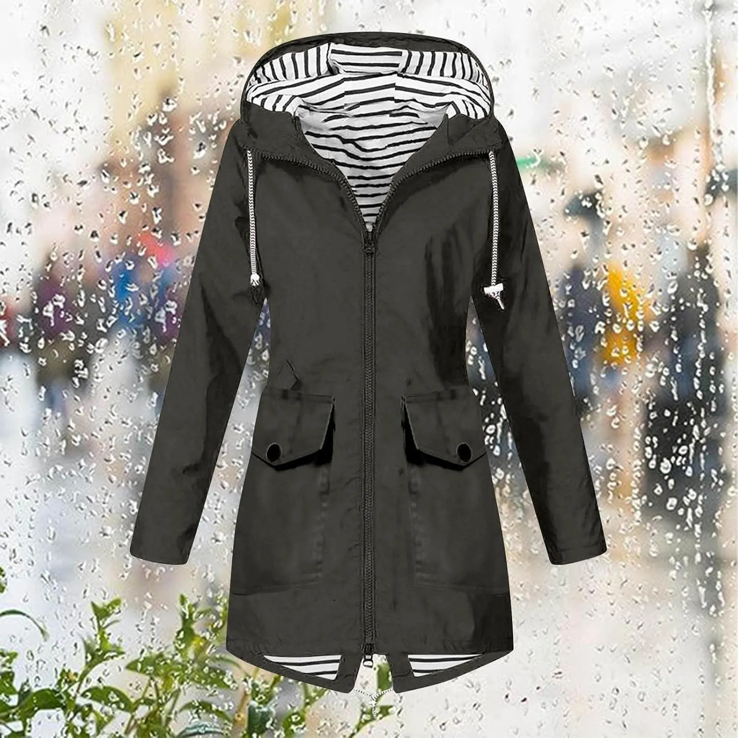 Women's Raincoat Windbreaker Zipper Hoodies Rain Jacket Waterproof Lightweight Outdoor Rain Coat Hooded Trench Coats