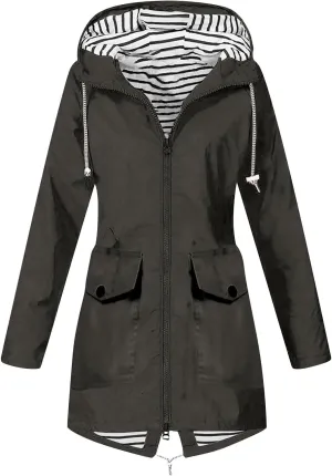 Women's Raincoat Windbreaker Zipper Hoodies Rain Jacket Waterproof Lightweight Outdoor Rain Coat Hooded Trench Coats