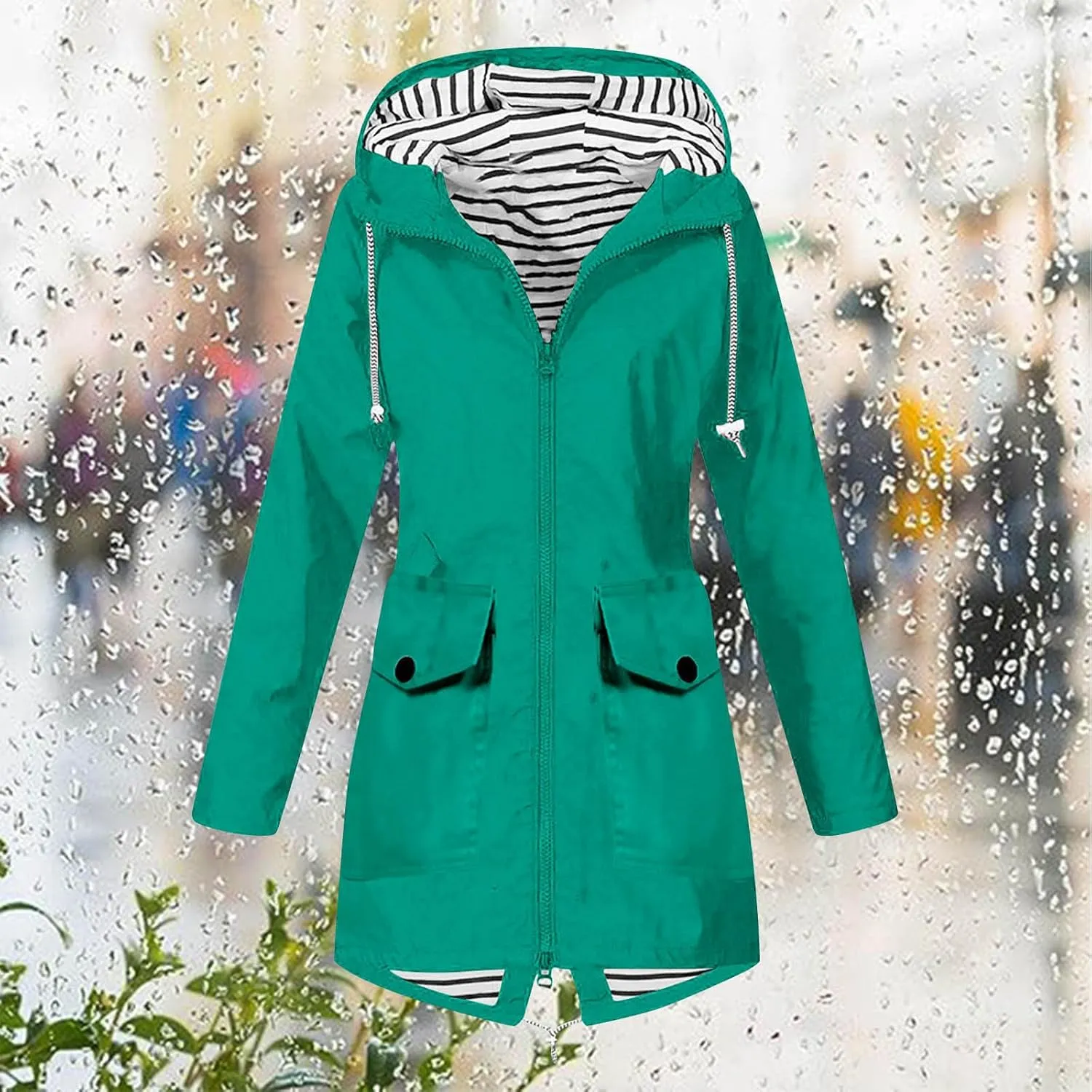 Women's Raincoat Windbreaker Zipper Hoodies Rain Jacket Waterproof Lightweight Outdoor Rain Coat Hooded Trench Coats