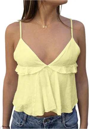 Women's Ruffle Hem Sleeveless Cami Top V Neck Yellow Tops Spaghetti Strap Summer Camisole Tops