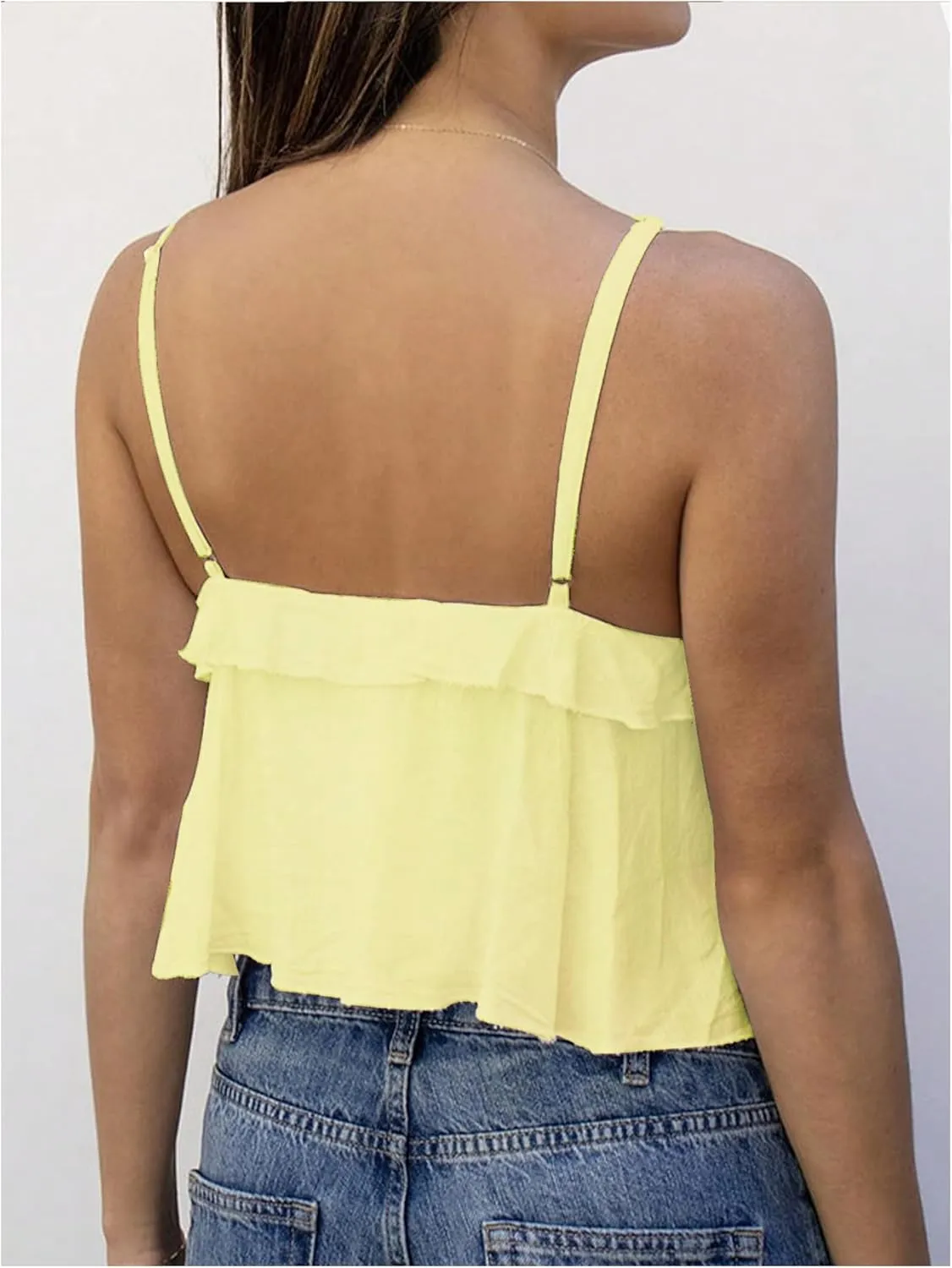 Women's Ruffle Hem Sleeveless Cami Top V Neck Yellow Tops Spaghetti Strap Summer Camisole Tops