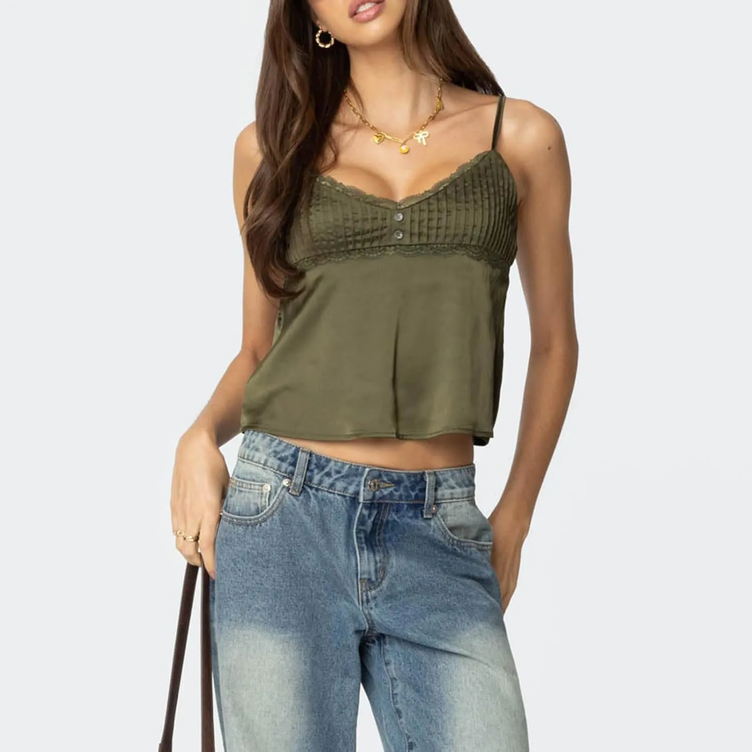 Women's Satin Silk Cami Tops Y2K Going Out Crop Top Spaghetti Strap Ruched Bust Lace Trim Tank Tops