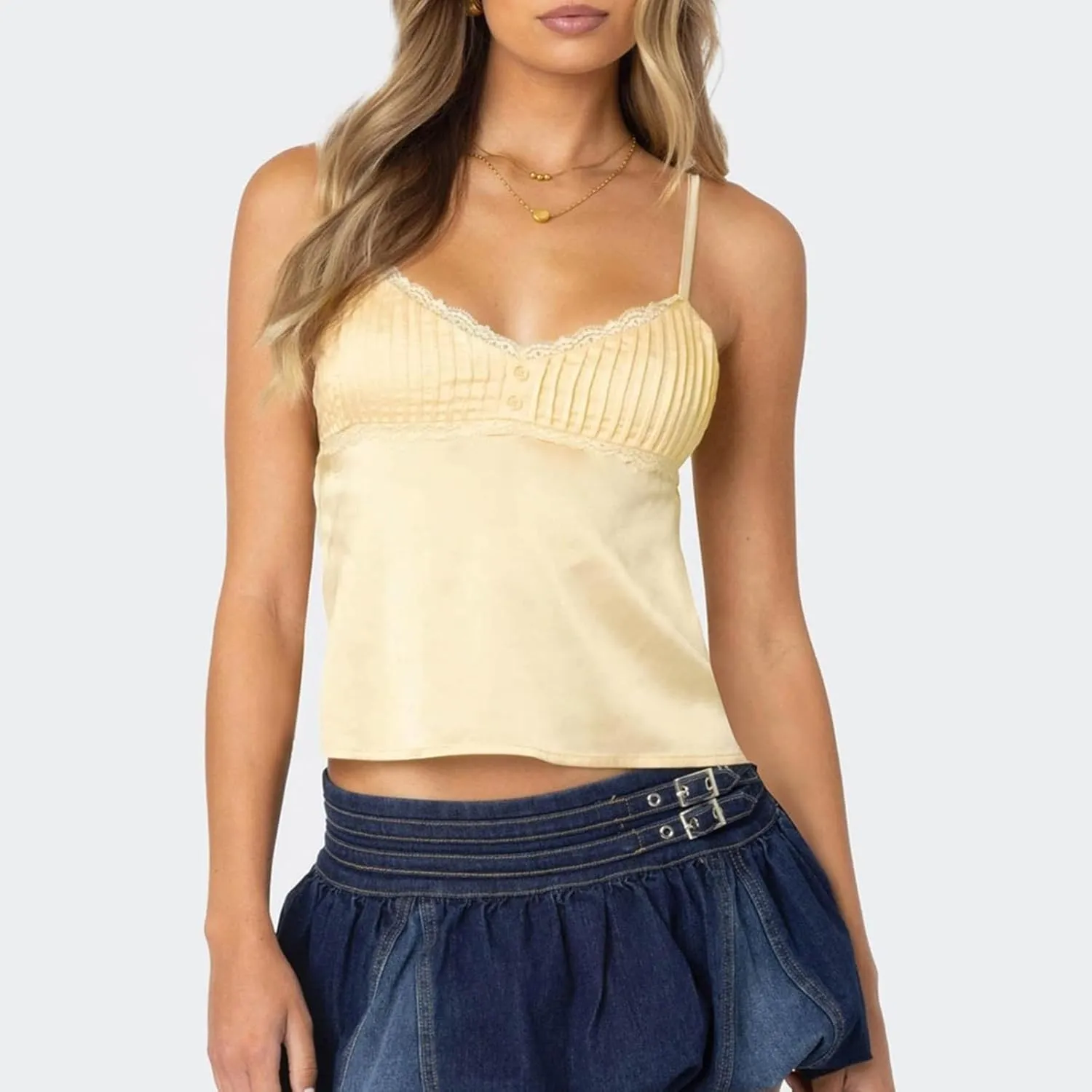 Women's Satin Silk Cami Tops Y2K Going Out Crop Top Spaghetti Strap Ruched Bust Lace Trim Tank Tops
