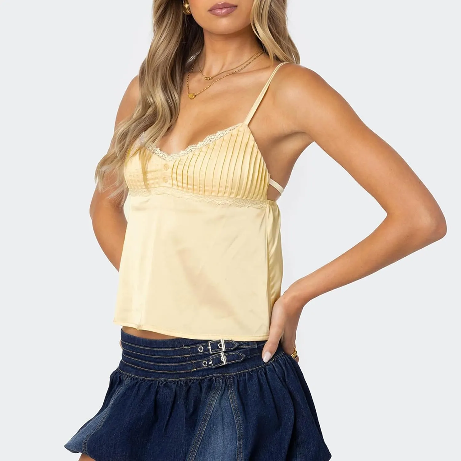 Women's Satin Silk Cami Tops Y2K Going Out Crop Top Spaghetti Strap Ruched Bust Lace Trim Tank Tops