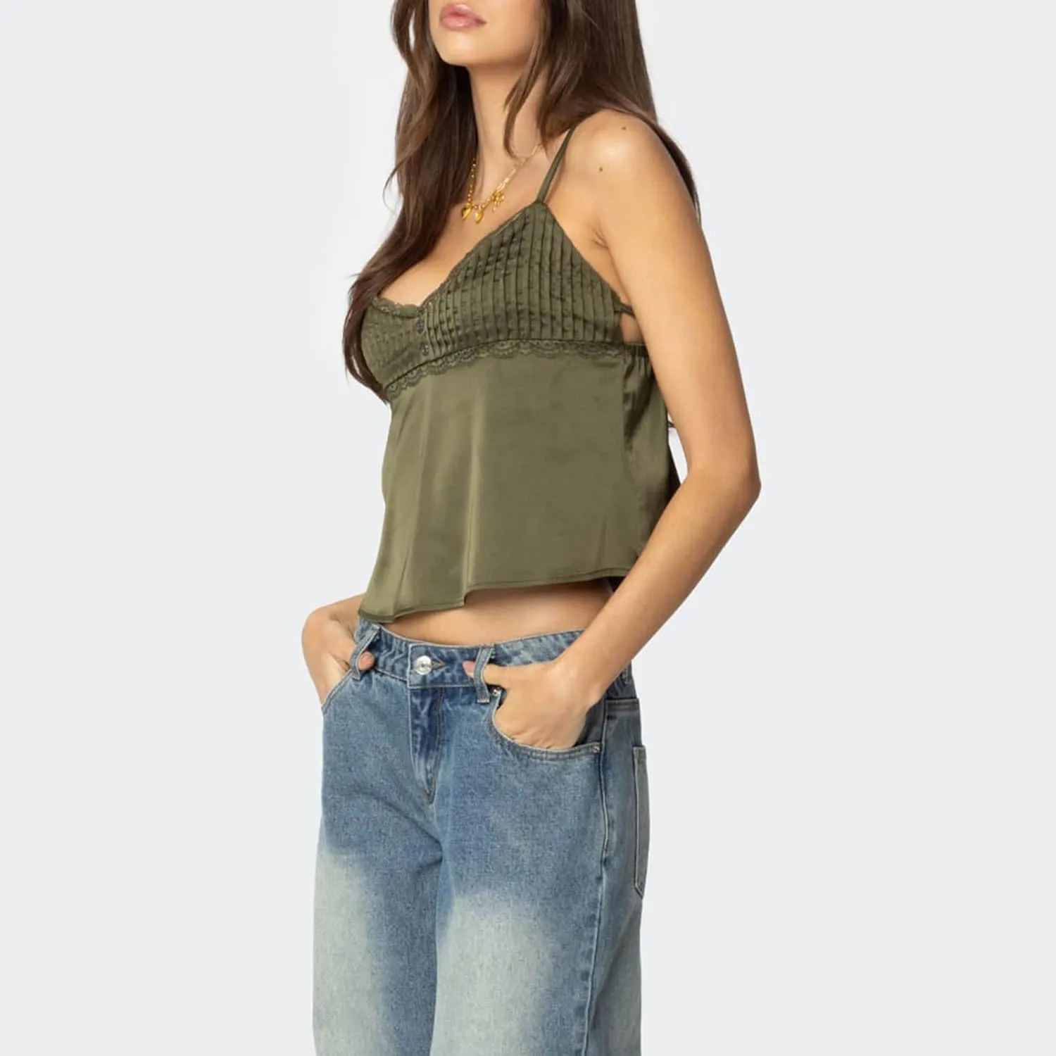 Women's Satin Silk Cami Tops Y2K Going Out Crop Top Spaghetti Strap Ruched Bust Lace Trim Tank Tops