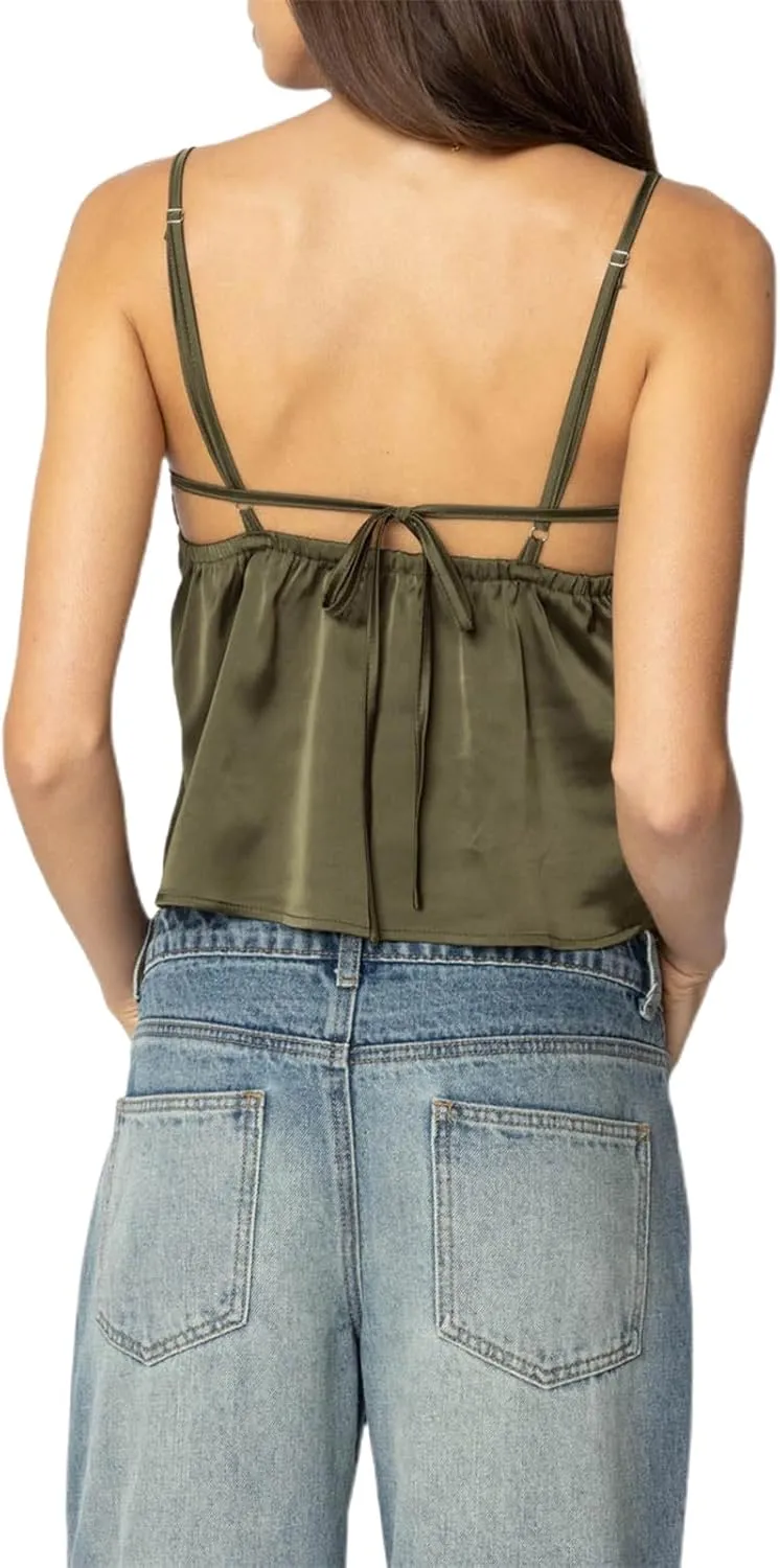 Women's Satin Silk Cami Tops Y2K Going Out Crop Top Spaghetti Strap Ruched Bust Lace Trim Tank Tops