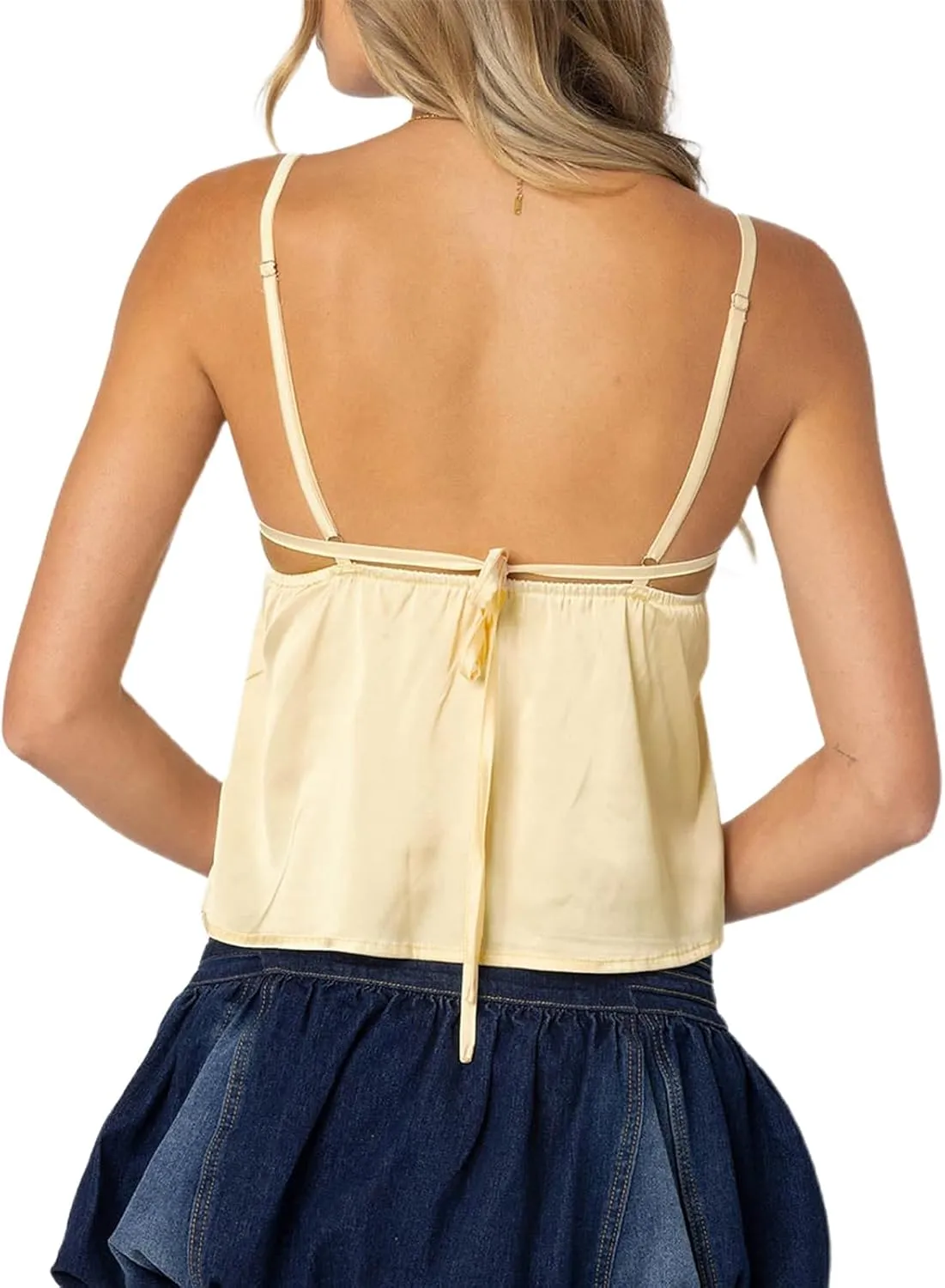 Women's Satin Silk Cami Tops Y2K Going Out Crop Top Spaghetti Strap Ruched Bust Lace Trim Tank Tops