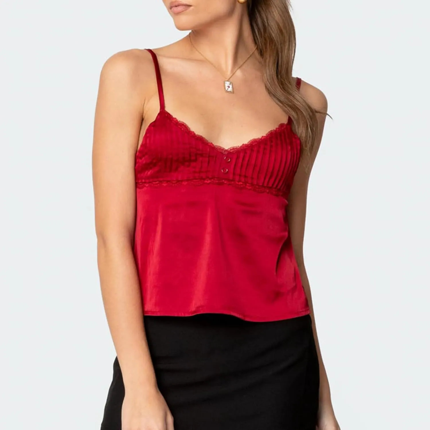 Women's Satin Silk Cami Tops Y2K Going Out Crop Top Spaghetti Strap Ruched Bust Lace Trim Tank Tops