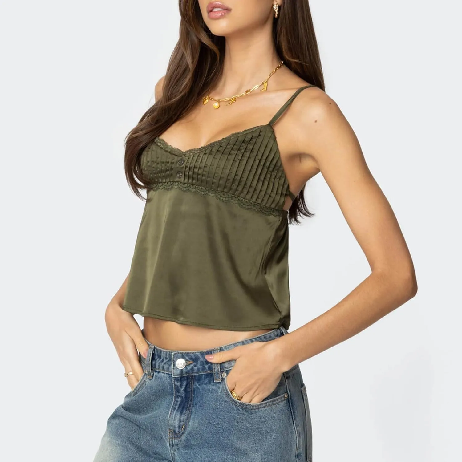 Women's Satin Silk Cami Tops Y2K Going Out Crop Top Spaghetti Strap Ruched Bust Lace Trim Tank Tops