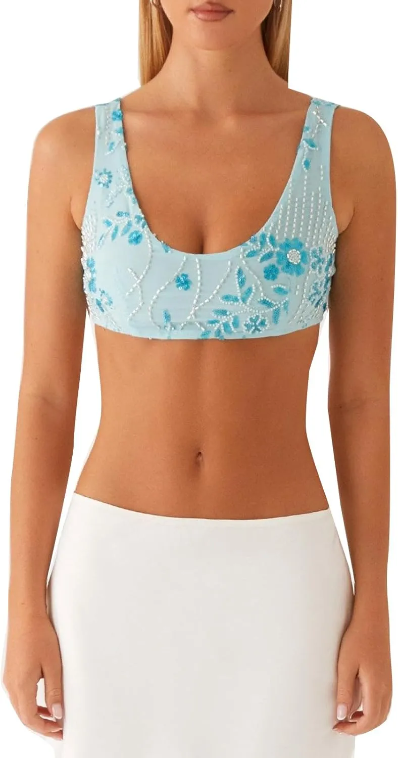 Womens Sequin Sparkle Cami Tank Bralette Tops Y2k Summer Low Back Rhinestone Glitter Going Out Cropped Top