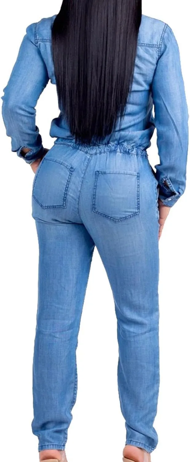 Women's Sexy High Waist Stretch Jean Trousers Skinny One-Piece Jeans Jumpsuits Denim Slim Set of Clothes Long Sleeves Pants