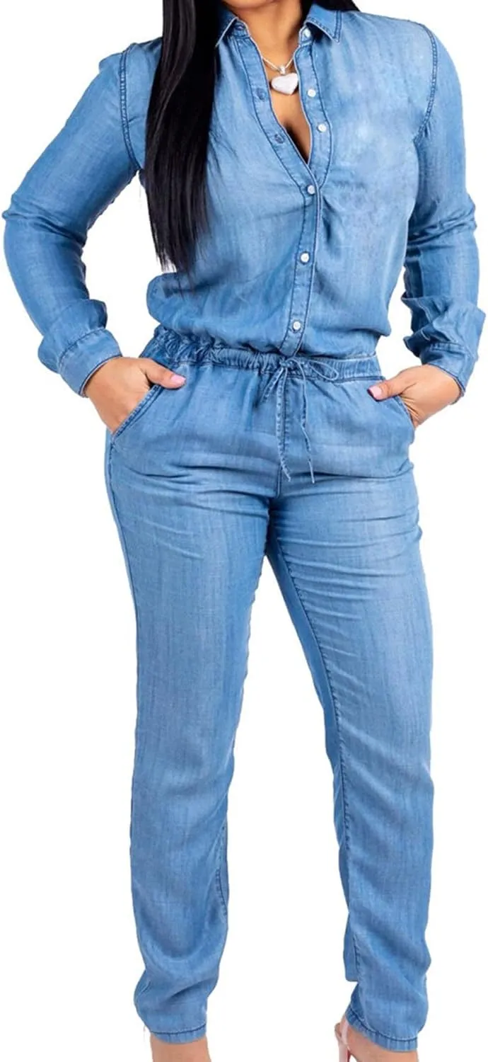 Women's Sexy High Waist Stretch Jean Trousers Skinny One-Piece Jeans Jumpsuits Denim Slim Set of Clothes Long Sleeves Pants