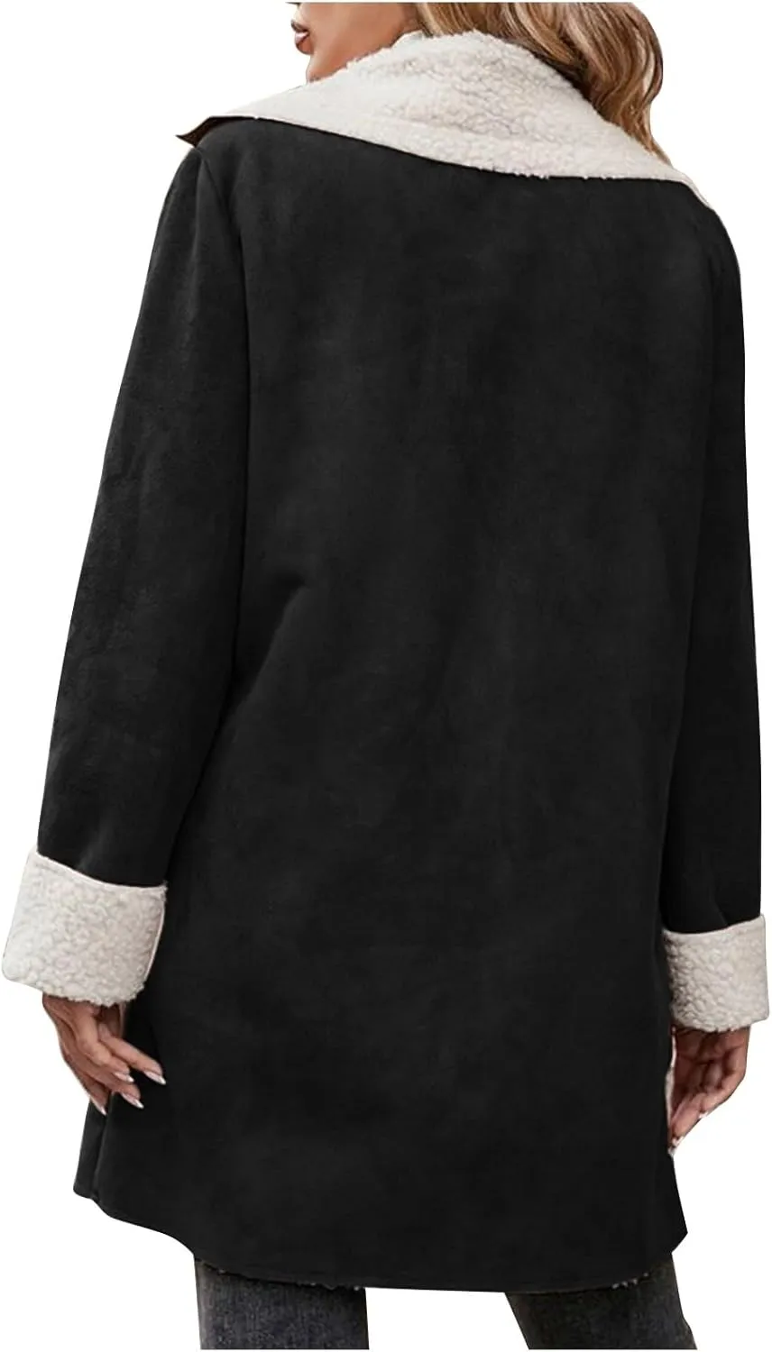 Womens Sherpa Fleece Lined Jacket Lamb Wool Padded Trench Coat Button Lapel Collar Parka Faux Suede Pea Coat Outerwear