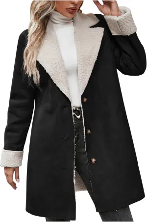 Womens Sherpa Fleece Lined Jacket Lamb Wool Padded Trench Coat Button Lapel Collar Parka Faux Suede Pea Coat Outerwear