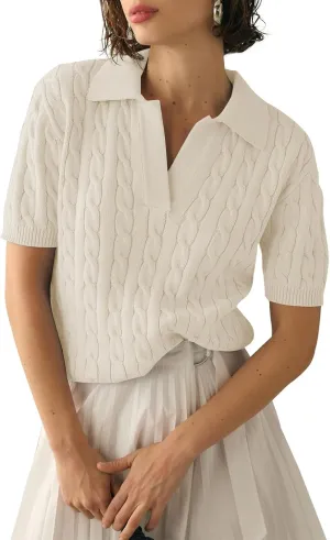 Women's Short Sleeve Pullover Sweaters Casual 2025 Summer Tops Cable Knit Solid Lapel V Neck Sweater