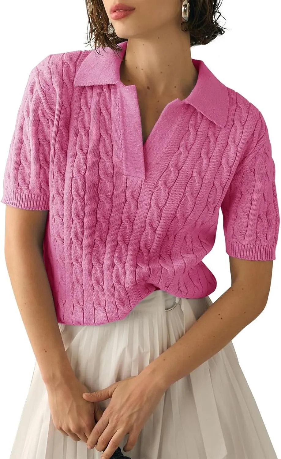 Women's Short Sleeve Pullover Sweaters Casual 2025 Summer Tops Cable Knit Solid Lapel V Neck Sweater