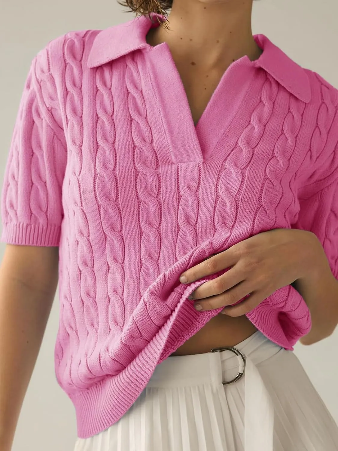 Women's Short Sleeve Pullover Sweaters Casual 2025 Summer Tops Cable Knit Solid Lapel V Neck Sweater