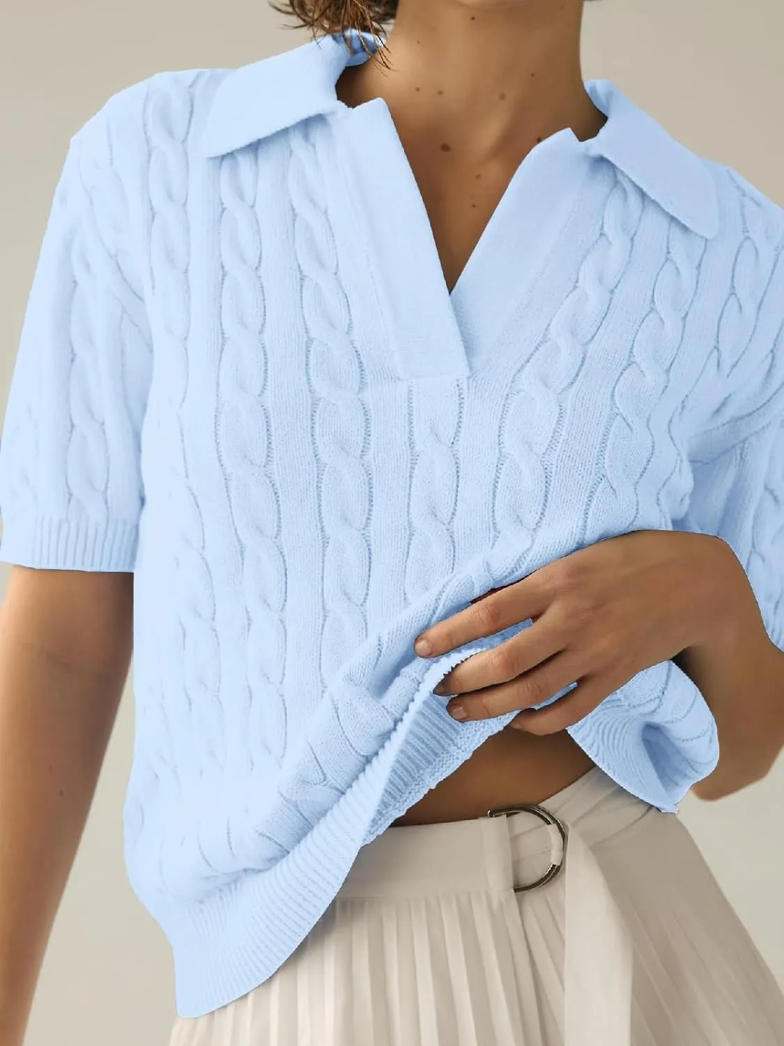 Women's Short Sleeve Pullover Sweaters Casual 2025 Summer Tops Cable Knit Solid Lapel V Neck Sweater