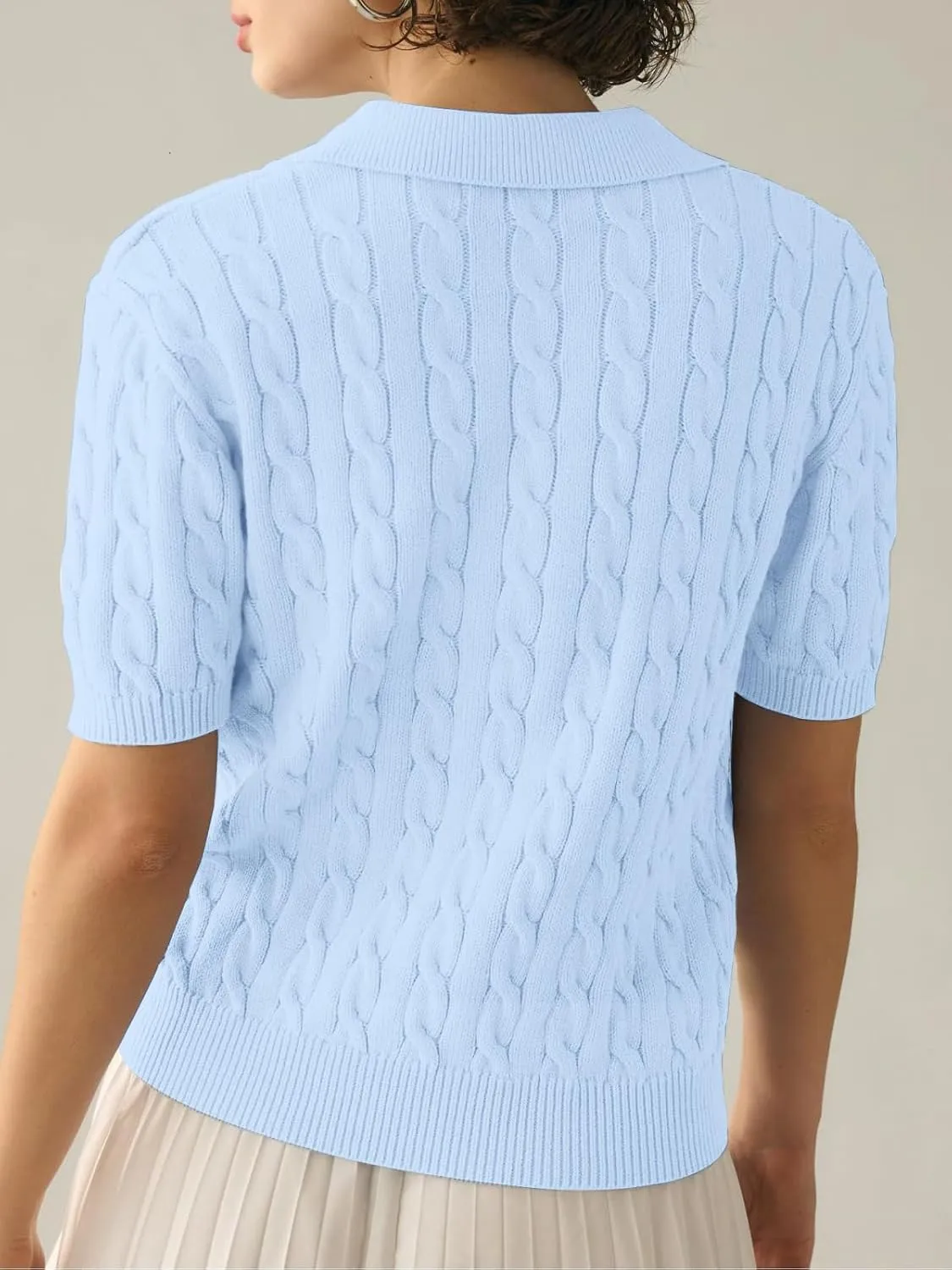 Women's Short Sleeve Pullover Sweaters Casual 2025 Summer Tops Cable Knit Solid Lapel V Neck Sweater