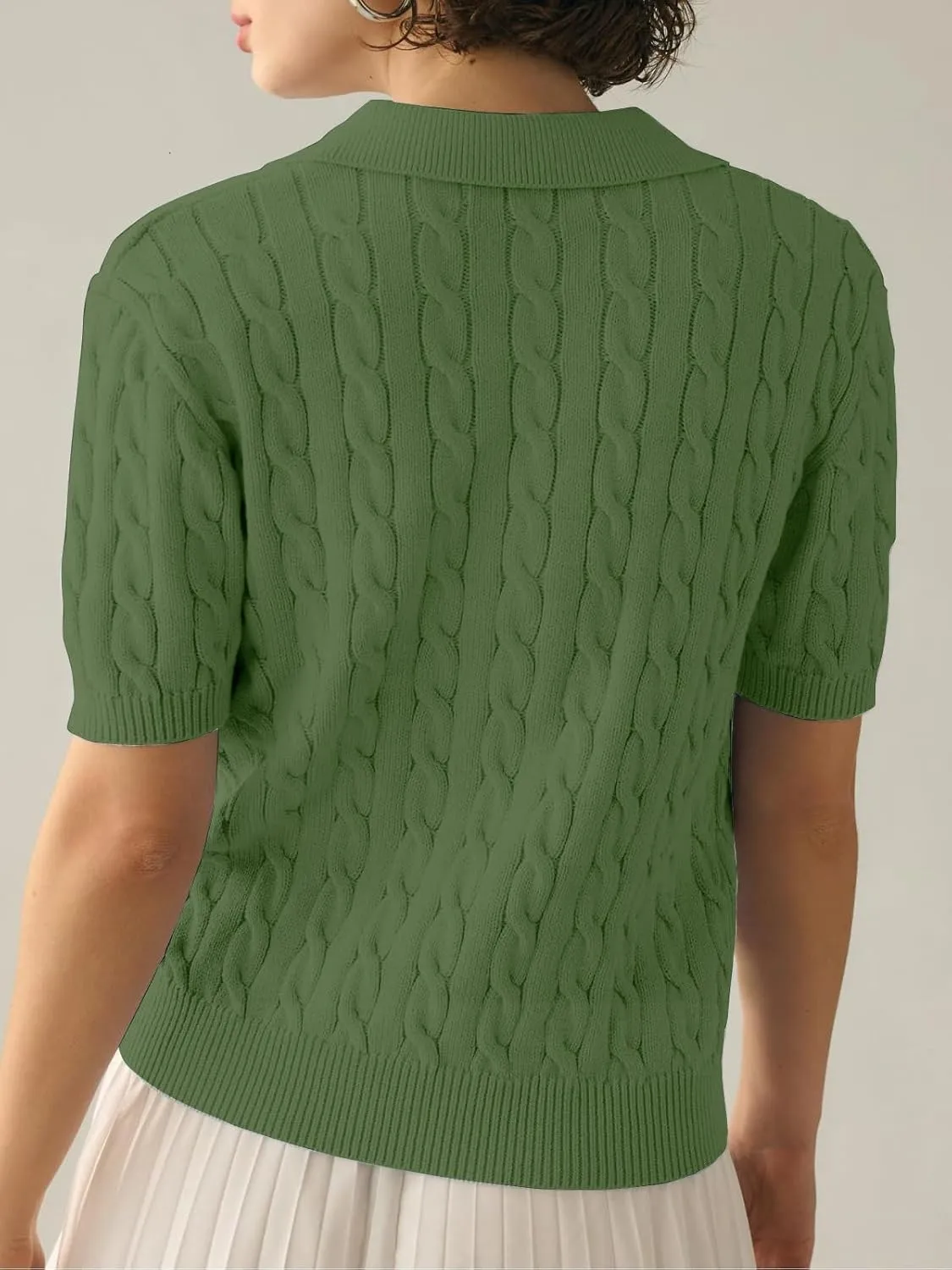 Women's Short Sleeve Pullover Sweaters Casual 2025 Summer Tops Cable Knit Solid Lapel V Neck Sweater
