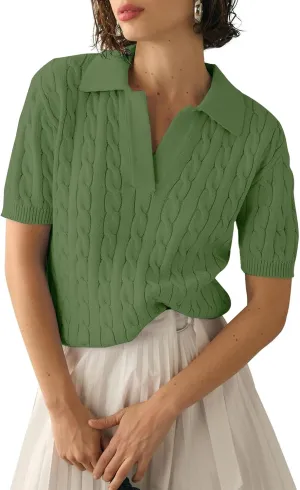 Women's Short Sleeve Pullover Sweaters Casual 2025 Summer Tops Cable Knit Solid Lapel V Neck Sweater