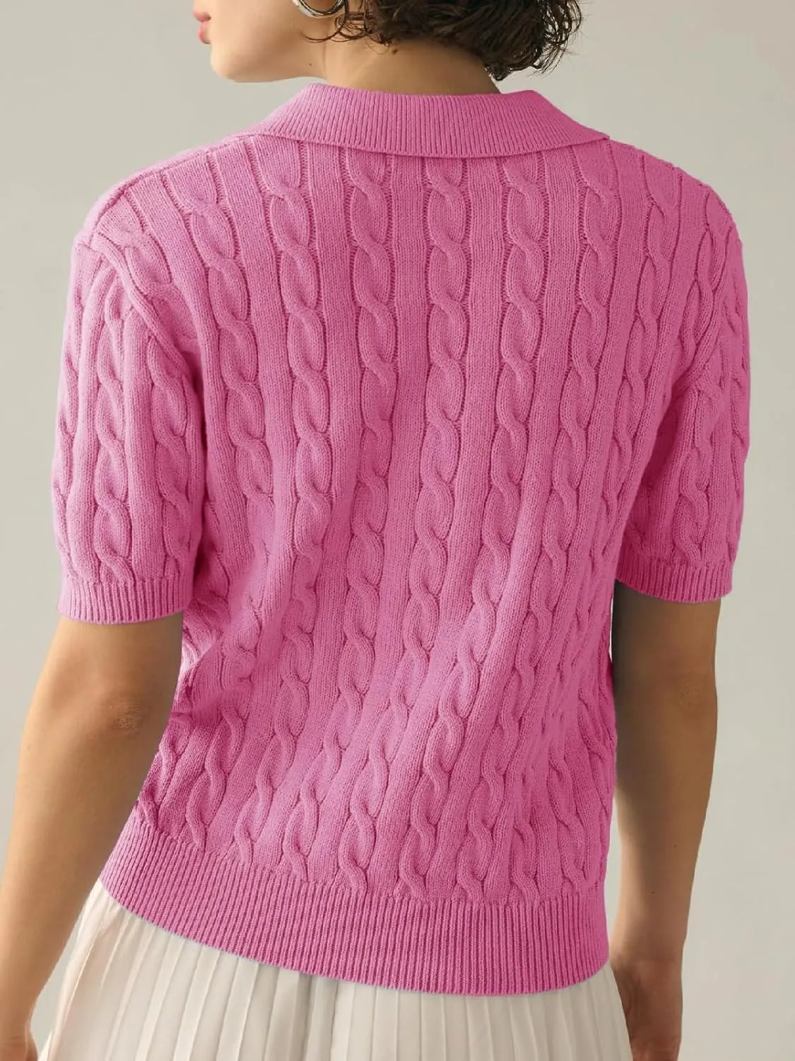 Women's Short Sleeve Pullover Sweaters Casual 2025 Summer Tops Cable Knit Solid Lapel V Neck Sweater