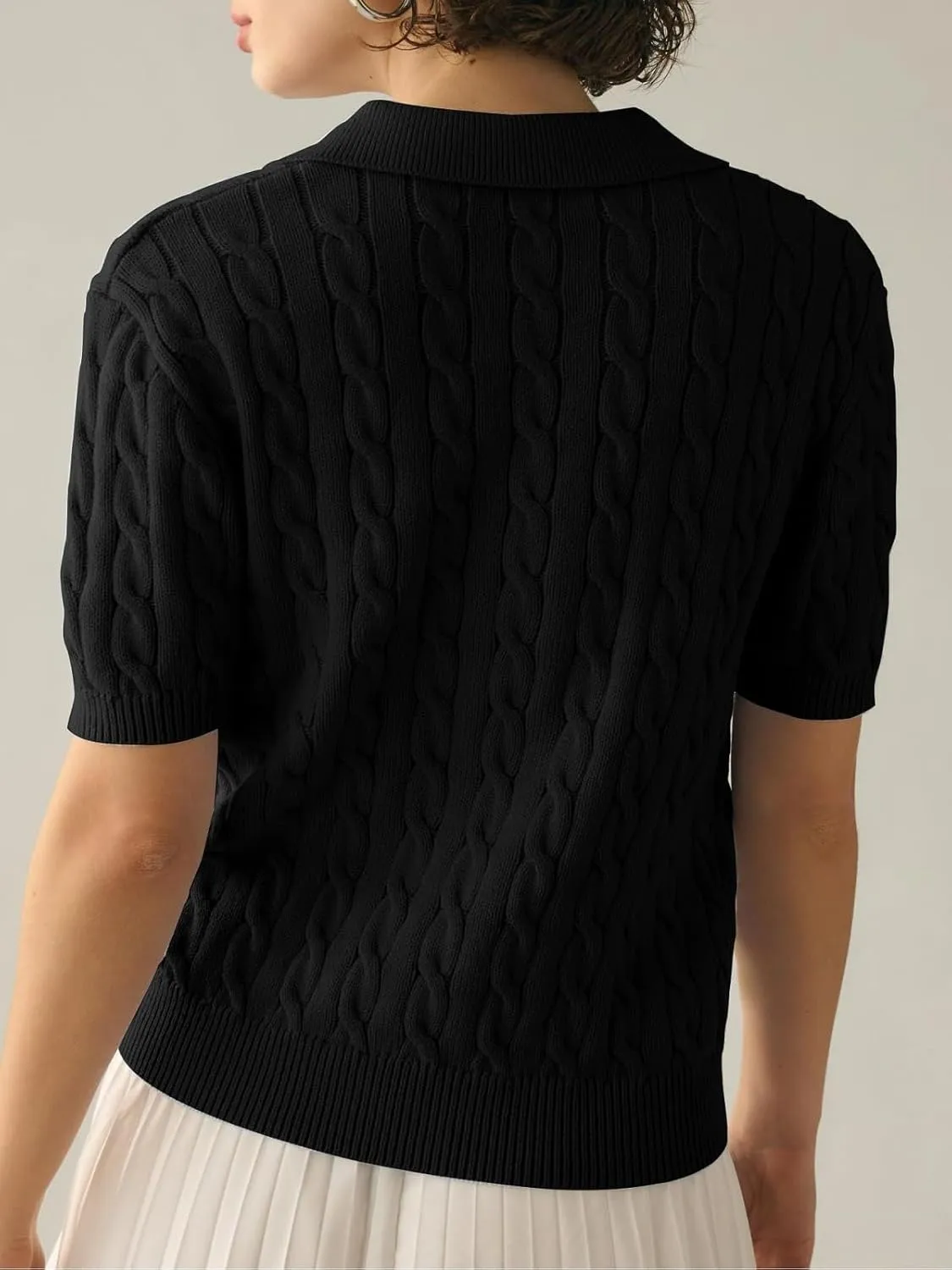 Women's Short Sleeve Pullover Sweaters Casual 2025 Summer Tops Cable Knit Solid Lapel V Neck Sweater
