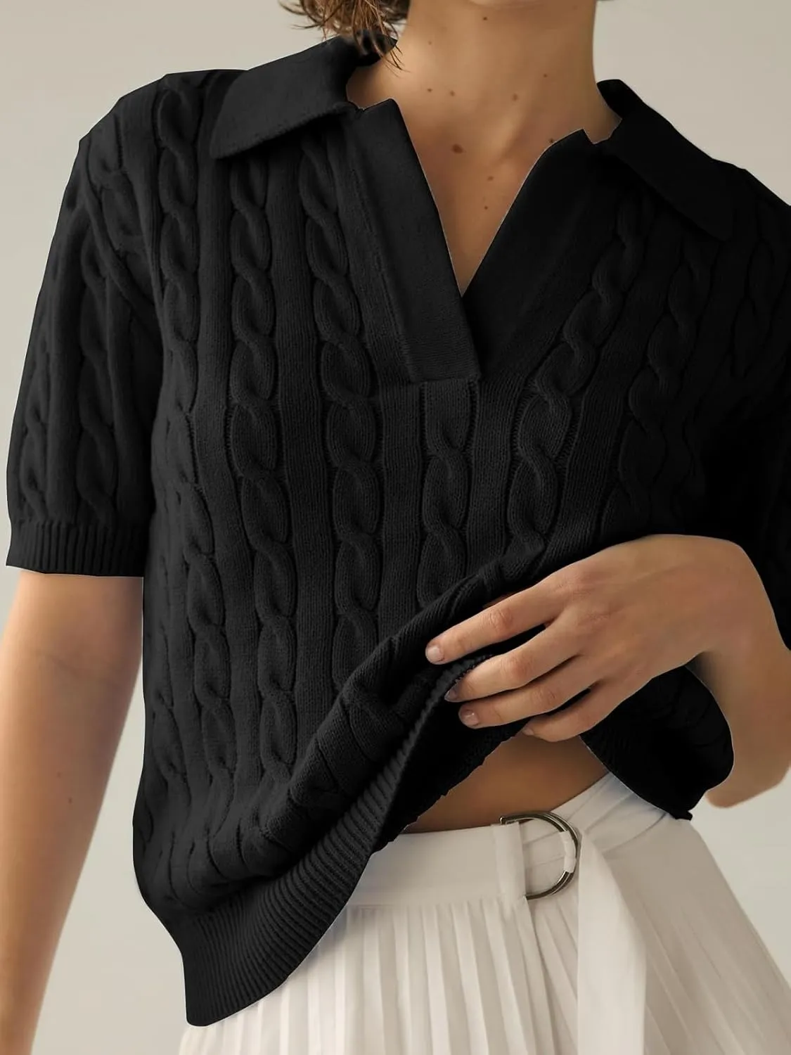 Women's Short Sleeve Pullover Sweaters Casual 2025 Summer Tops Cable Knit Solid Lapel V Neck Sweater